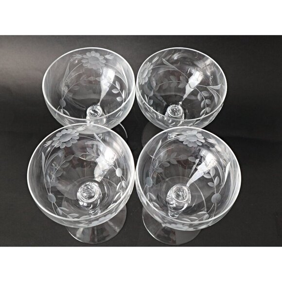 4 Vintage Etched Wine Glasses Barware MCM - Picture 4 of 4